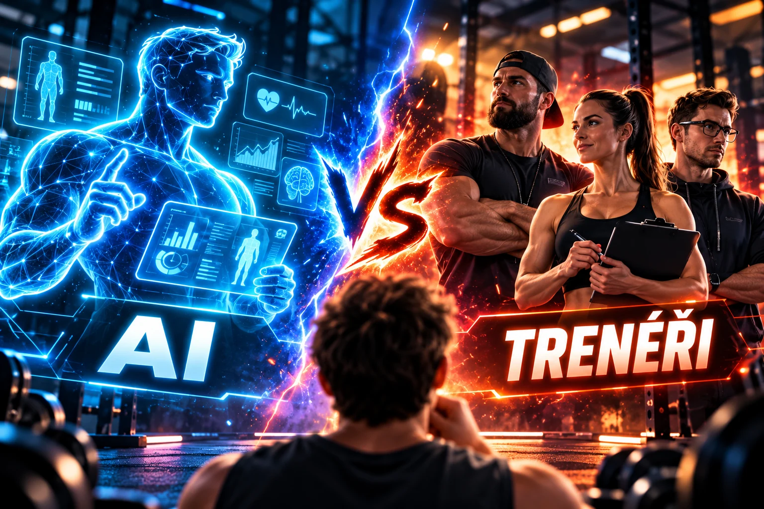 Ilustrace porovnání umělé inteligence a osobních trenérů ve fitness prostředí.